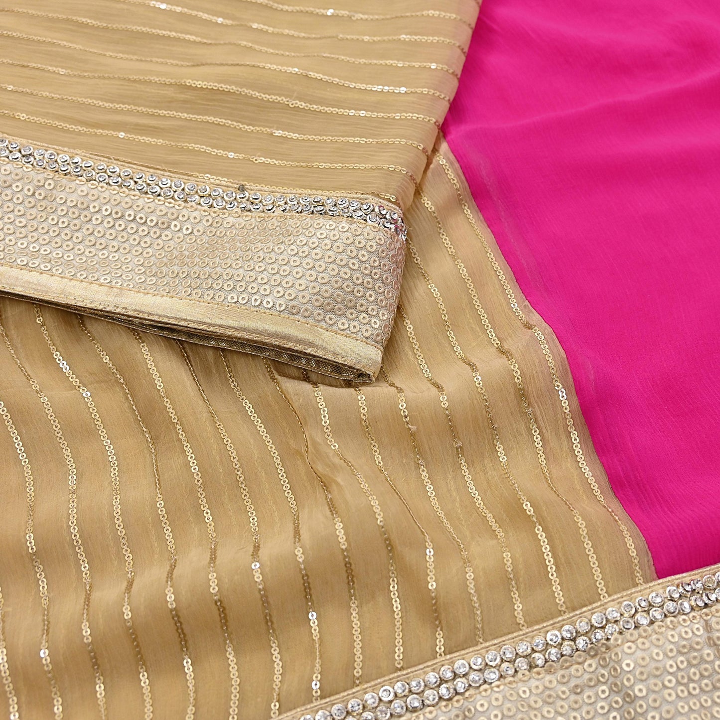 Rare Vintage Beige & Pink Blend Chiffon Saree Hand Embroidered Fabric 6 Yards Sari Bollywood Party Wear Ethnic Designer Saree