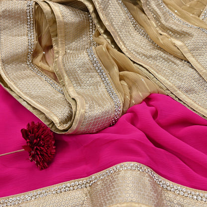 Rare Vintage Beige & Pink Blend Chiffon Saree Hand Embroidered Fabric 6 Yards Sari Bollywood Party Wear Ethnic Designer Saree
