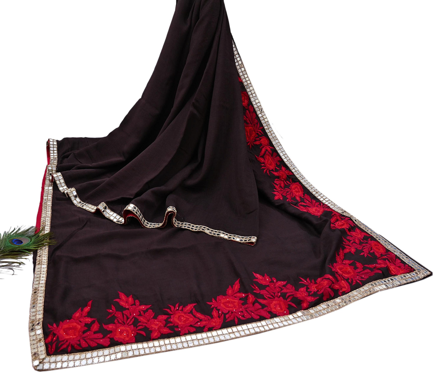 Indian Rare Vintage Zardozi Sarees Brown Pure Silk Hand Embroidered Sari Fabric 5.5 Yards Sewing Ethnic Mirror