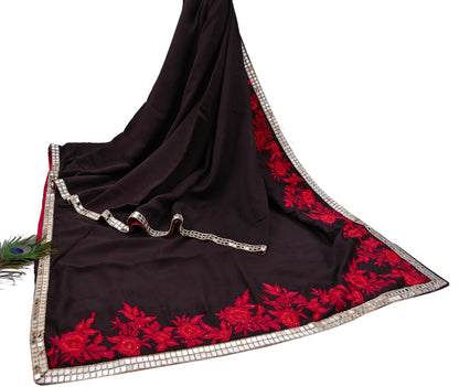 Indian Rare Vintage Zardozi Sarees Brown Pure Silk Hand Embroidered Sari Fabric 5.5 Yards Sewing Ethnic Mirror