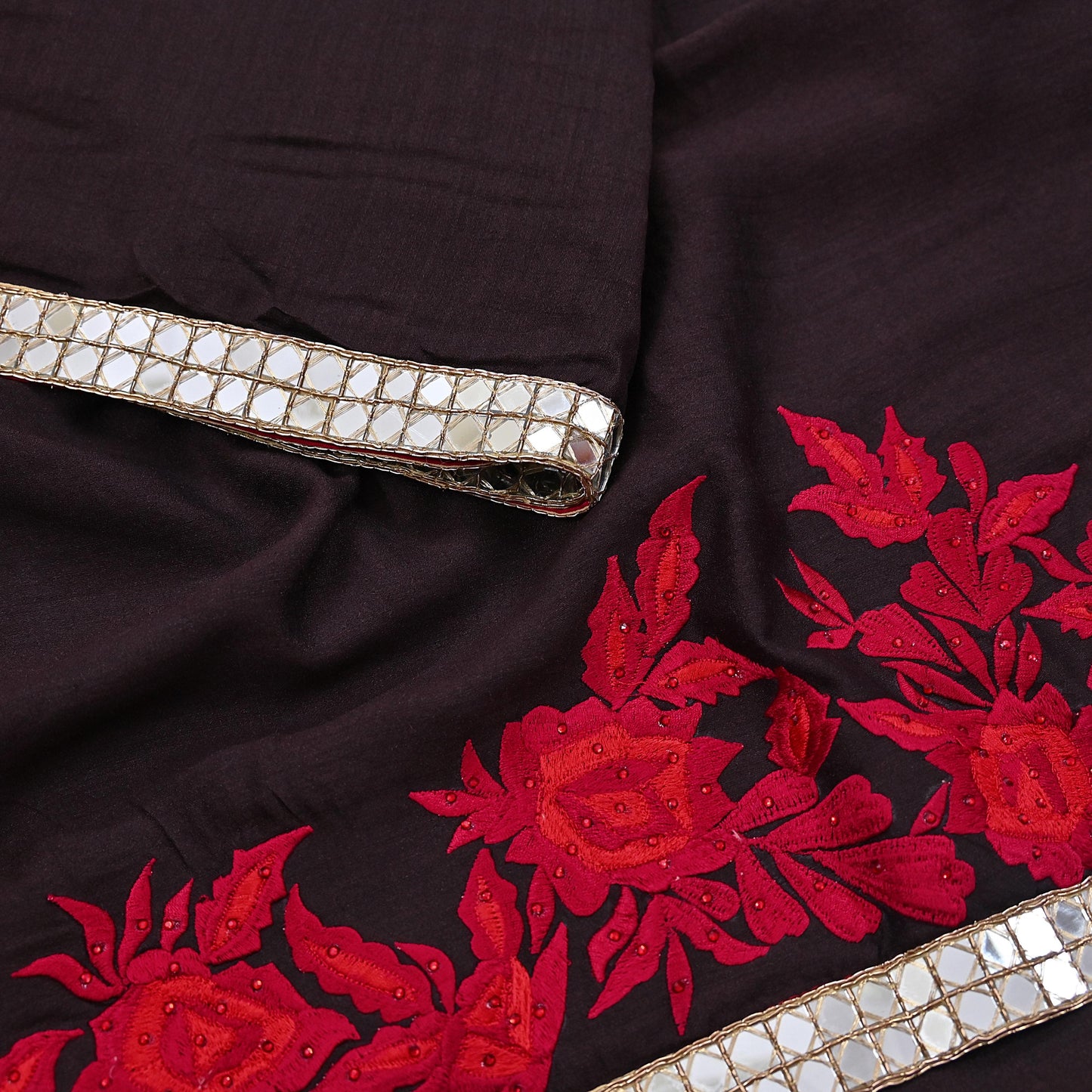 Indian Rare Vintage Zardozi Sarees Brown Pure Silk Hand Embroidered Sari Fabric 5.5 Yards Sewing Ethnic Mirror