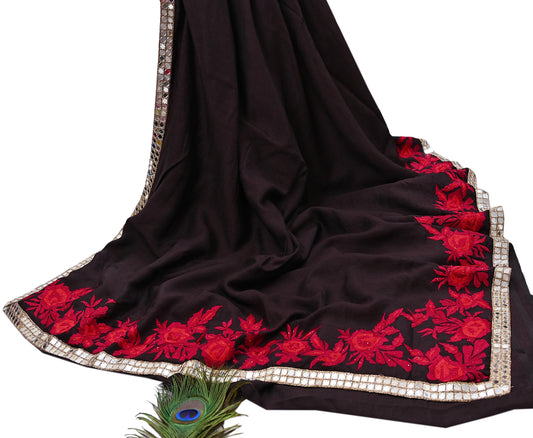 Indian Rare Vintage Zardozi Sarees Brown Pure Silk Hand Embroidered Sari Fabric 5.5 Yards Sewing Ethnic Mirror