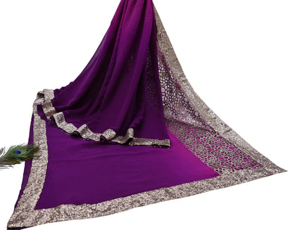 Rare Vintage Purple Pure Chiffon Silk Saree Hand Embroidered Designer Sabyasachi Sari 5.5 Yard Bollywood Party Wear saree with Blouse Fabric