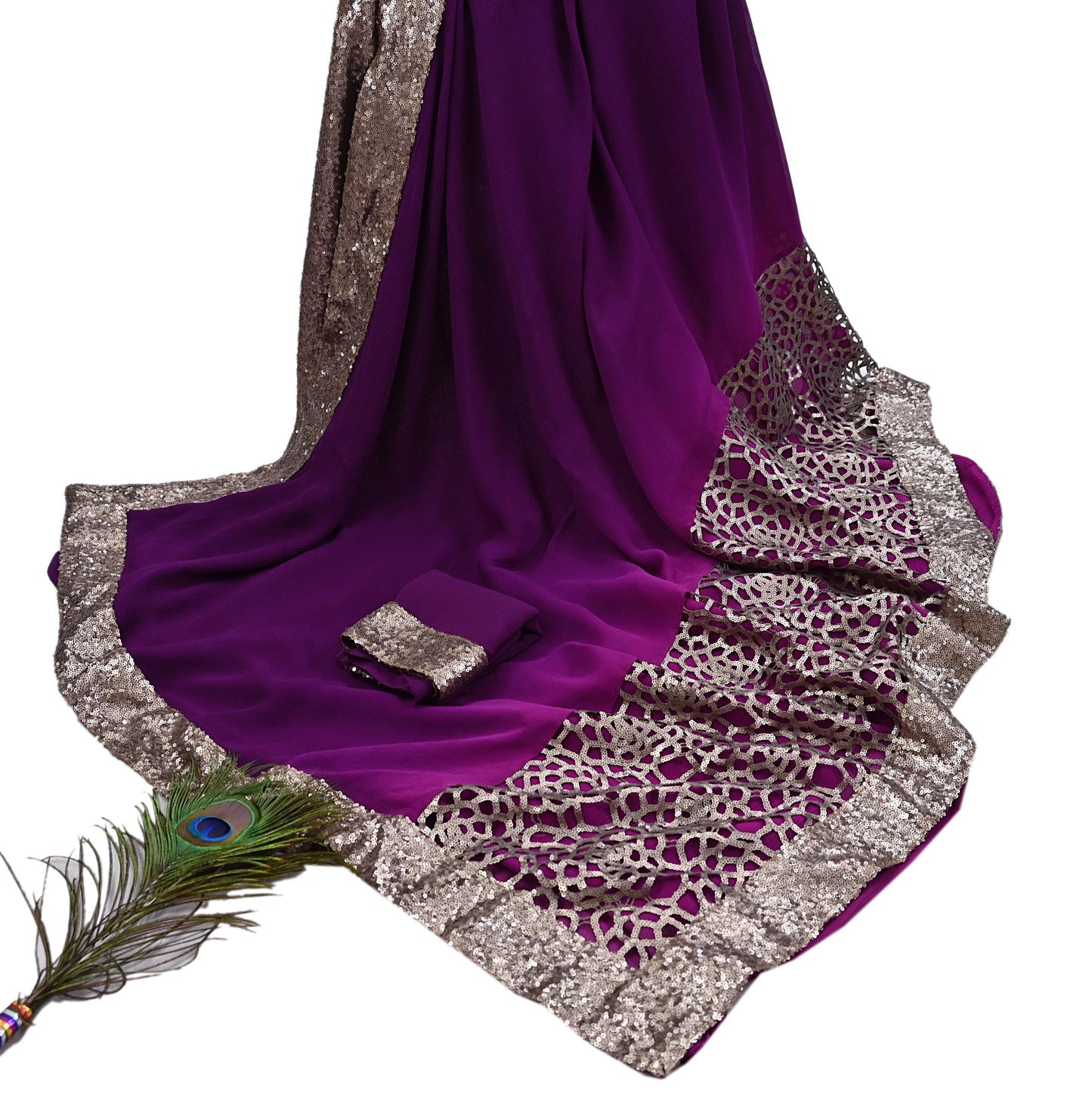 Rare Vintage Purple Pure Chiffon Silk Saree Hand Embroidered Designer Sabyasachi Sari 5.5 Yard Bollywood Party Wear saree with Blouse Fabric