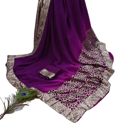 Rare Vintage Purple Pure Chiffon Silk Saree Hand Embroidered Designer Sabyasachi Sari 5.5 Yard Bollywood Party Wear saree with Blouse Fabric