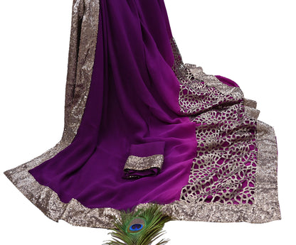 Rare Vintage Purple Pure Chiffon Silk Saree Hand Embroidered Designer Sabyasachi Sari 5.5 Yard Bollywood Party Wear saree with Blouse Fabric