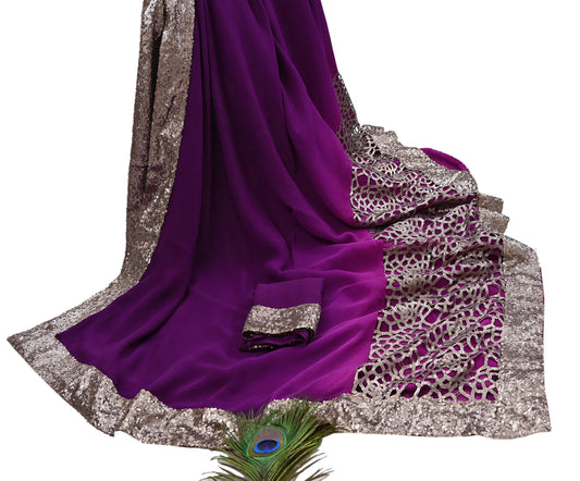 Rare Vintage Purple Pure Chiffon Silk Saree Hand Embroidered Designer Sabyasachi Sari 5.5 Yard Bollywood Party Wear saree with Blouse Fabric