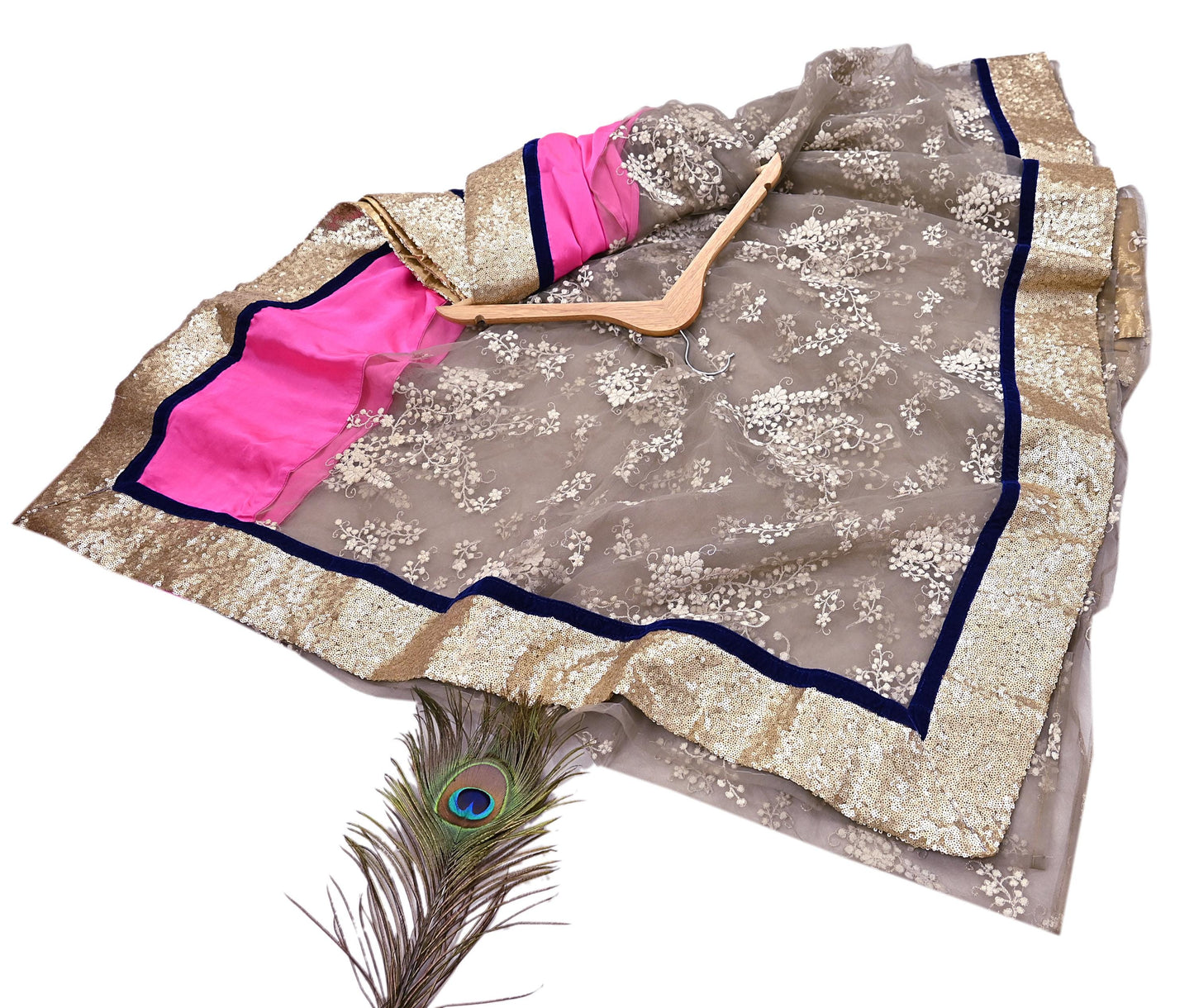 Rare Vintage Brown & Pink Net Saree Hand Embroidered Designer Sabyasachi Sari 5.5 Yard Bollywood Party Wear