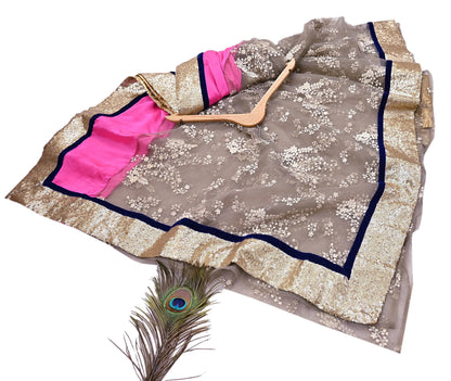 Rare Vintage Brown & Pink Net Saree Hand Embroidered Designer Sabyasachi Sari 5.5 Yard Bollywood Party Wear