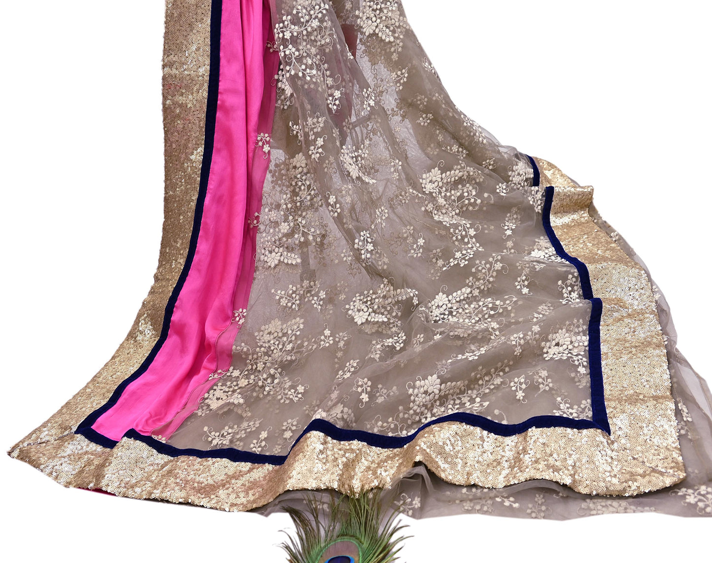 Rare Vintage Brown & Pink Net Saree Hand Embroidered Designer Sabyasachi Sari 5.5 Yard Bollywood Party Wear