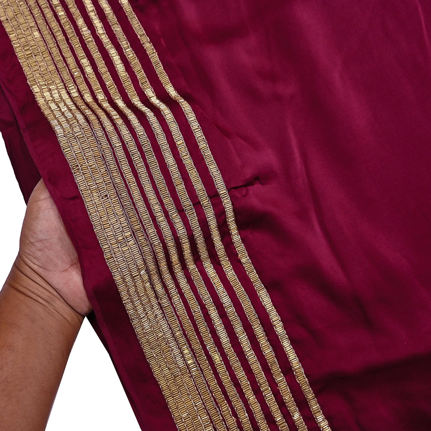 Rare Vintage Maroon & Rose Pink Pure Satin Silk Saree Hand Embroidered Fabric 5.5 Yards Sari Bollywood Party Wear Ethnic Designer Saree