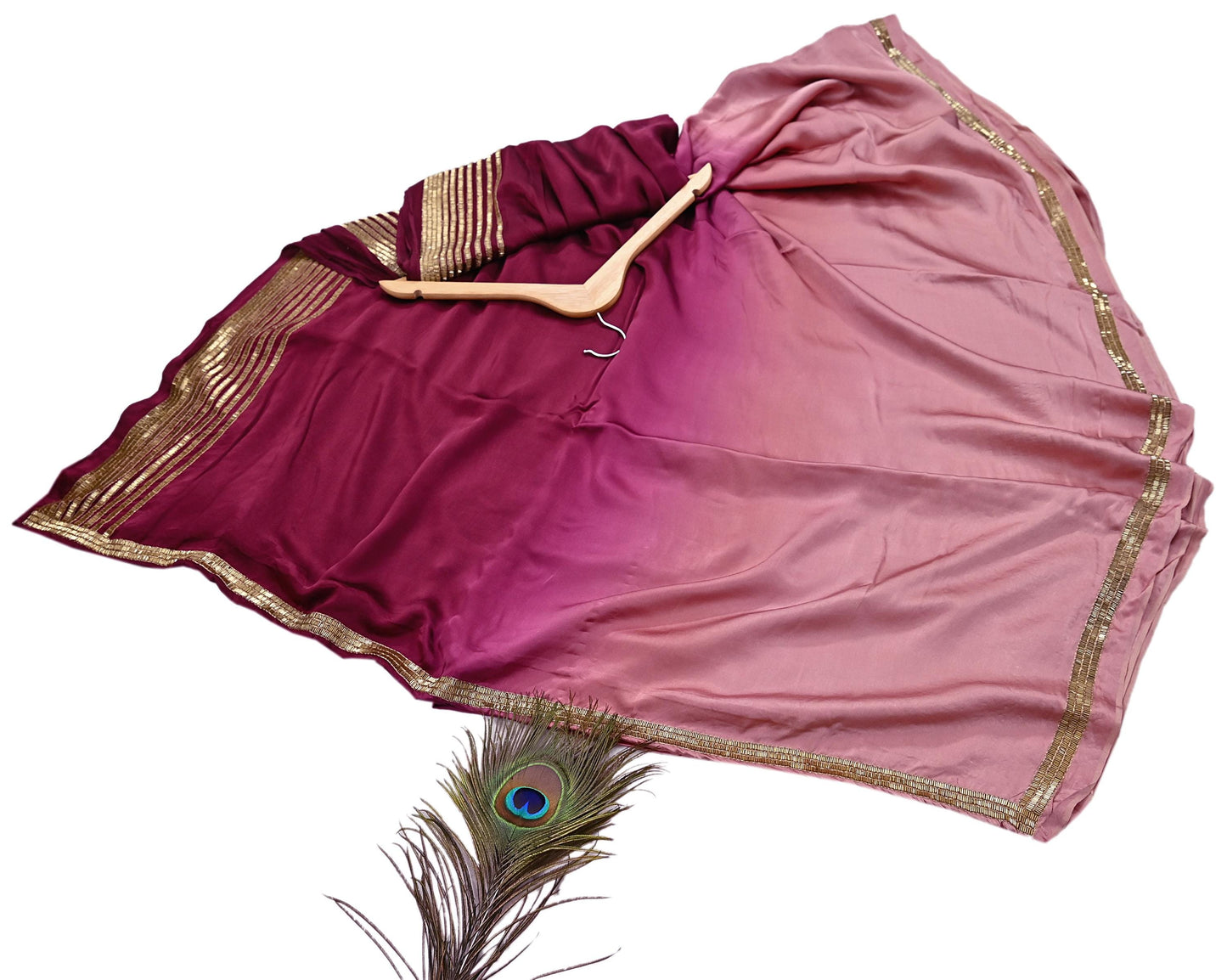 Rare Vintage Maroon & Rose Pink Pure Satin Silk Saree Hand Embroidered Fabric 5.5 Yards Sari Bollywood Party Wear Ethnic Designer Saree