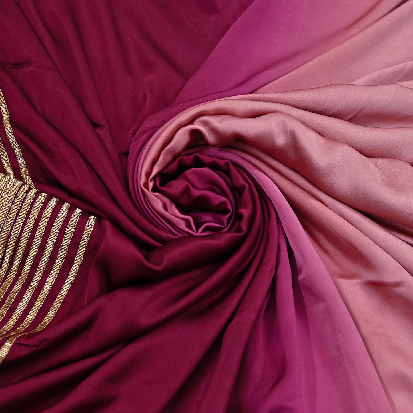 Rare Vintage Maroon & Rose Pink Pure Satin Silk Saree Hand Embroidered Fabric 5.5 Yards Sari Bollywood Party Wear Ethnic Designer Saree