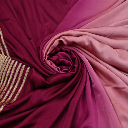 Rare Vintage Maroon & Rose Pink Pure Satin Silk Saree Hand Embroidered Fabric 5.5 Yards Sari Bollywood Party Wear Ethnic Designer Saree