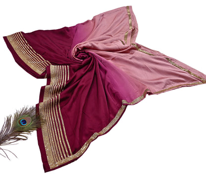 Rare Vintage Maroon & Rose Pink Pure Satin Silk Saree Hand Embroidered Fabric 5.5 Yards Sari Bollywood Party Wear Ethnic Designer Saree
