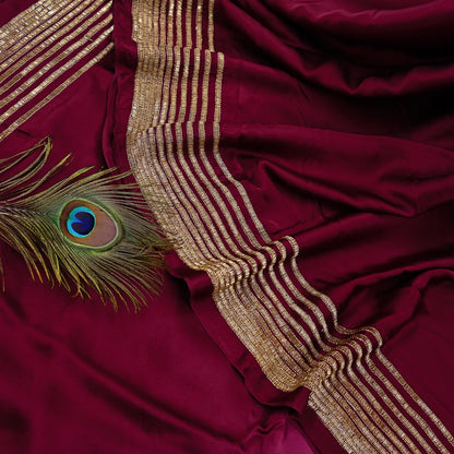 Rare Vintage Maroon & Rose Pink Pure Satin Silk Saree Hand Embroidered Fabric 5.5 Yards Sari Bollywood Party Wear Ethnic Designer Saree