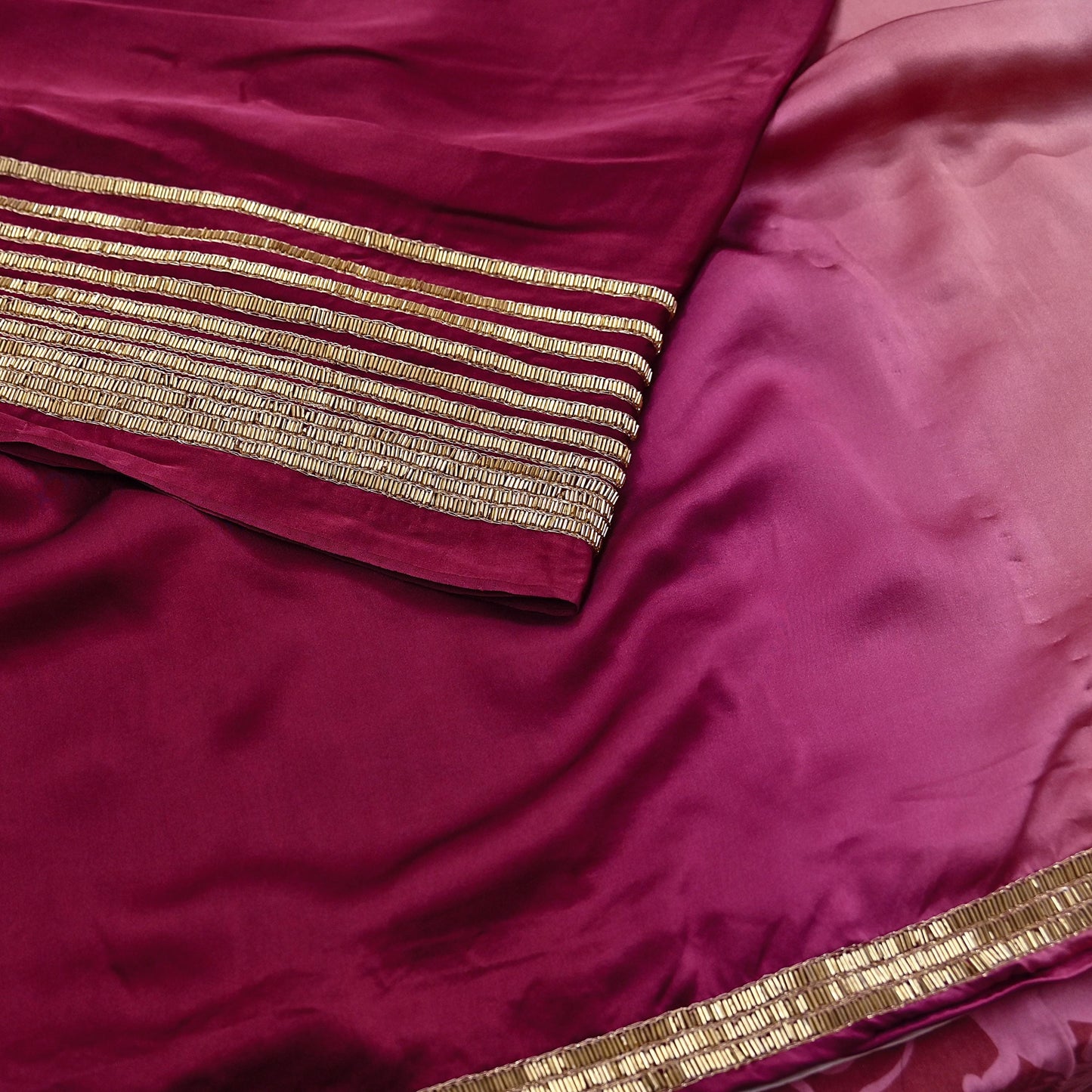 Rare Vintage Maroon & Rose Pink Pure Satin Silk Saree Hand Embroidered Fabric 5.5 Yards Sari Bollywood Party Wear Ethnic Designer Saree