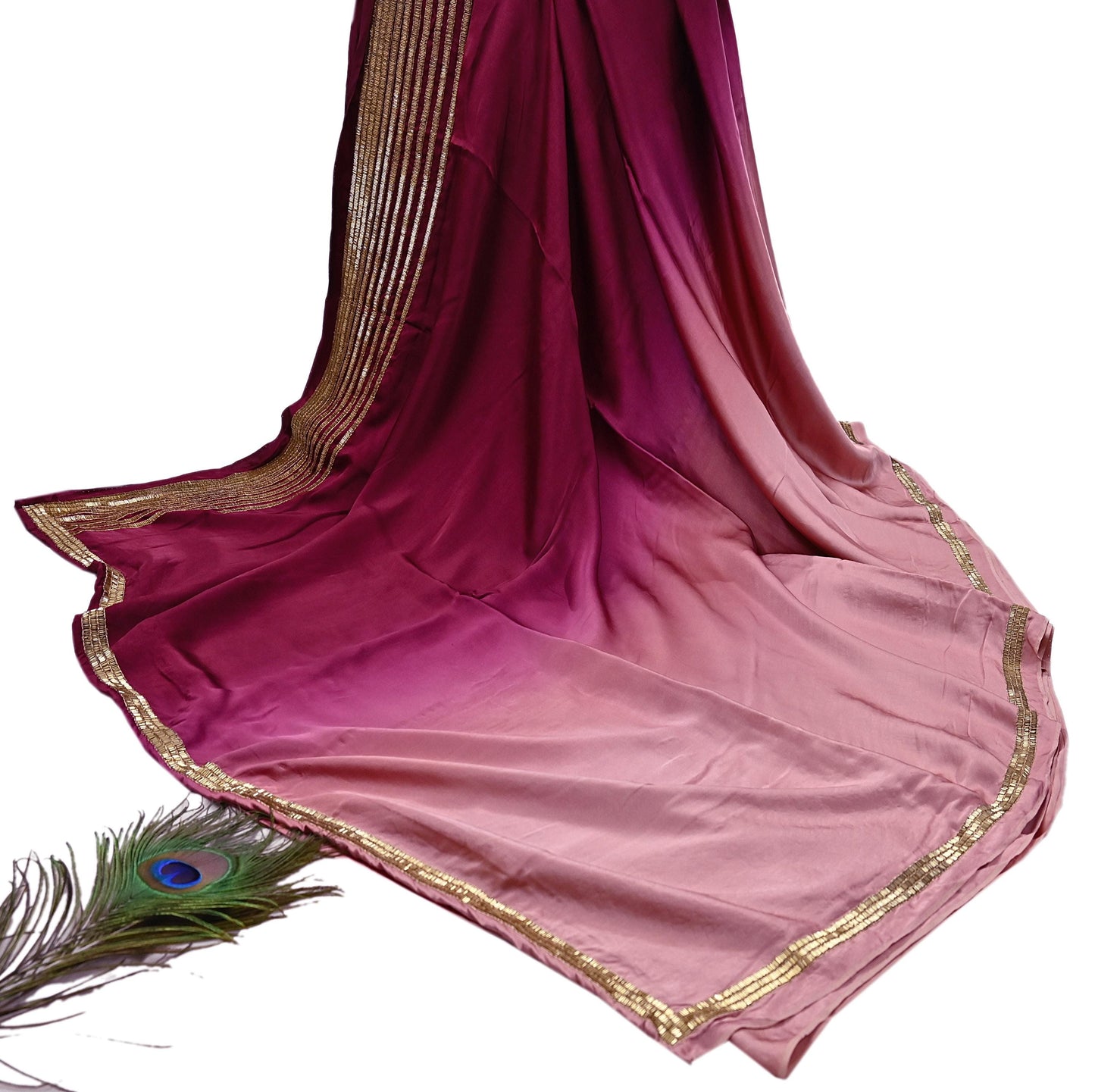 Rare Vintage Maroon & Rose Pink Pure Satin Silk Saree Hand Embroidered Fabric 5.5 Yards Sari Bollywood Party Wear Ethnic Designer Saree