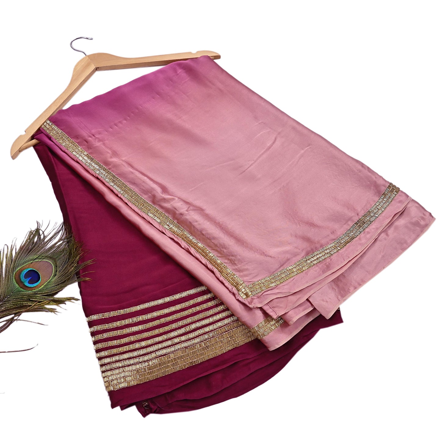 Rare Vintage Maroon & Rose Pink Pure Satin Silk Saree Hand Embroidered Fabric 5.5 Yards Sari Bollywood Party Wear Ethnic Designer Saree