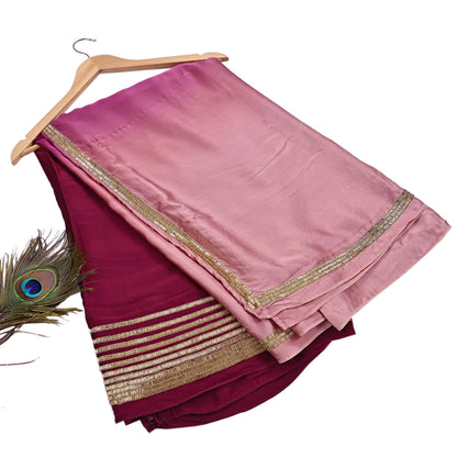 Rare Vintage Maroon & Rose Pink Pure Satin Silk Saree Hand Embroidered Fabric 5.5 Yards Sari Bollywood Party Wear Ethnic Designer Saree