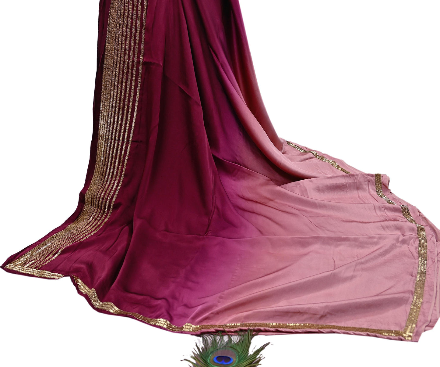 Rare Vintage Maroon & Rose Pink Pure Satin Silk Saree Hand Embroidered Fabric 5.5 Yards Sari Bollywood Party Wear Ethnic Designer Saree