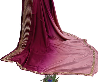 Rare Vintage Maroon & Rose Pink Pure Satin Silk Saree Hand Embroidered Fabric 5.5 Yards Sari Bollywood Party Wear Ethnic Designer Saree