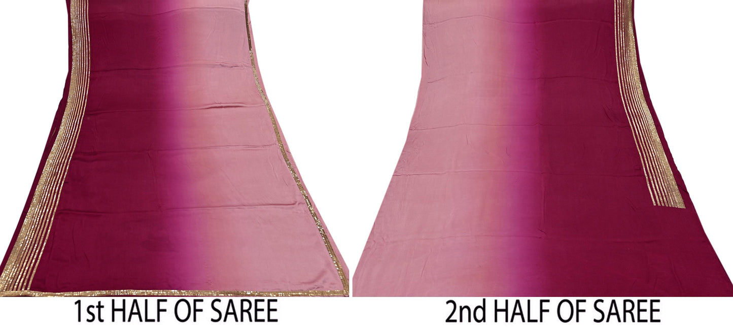 Rare Vintage Maroon & Rose Pink Pure Satin Silk Saree Hand Embroidered Fabric 5.5 Yards Sari Bollywood Party Wear Ethnic Designer Saree