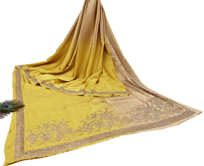 Rare Vintage Yellow & Beige Pure Satin Silk Saree Hand Embroidered Fabric 6 Yards Sari Bollywood Party Wear Ethnic Designer Saree