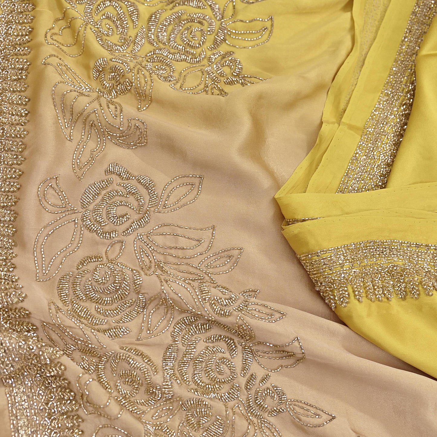 Rare Vintage Yellow & Beige Pure Satin Silk Saree Hand Embroidered Fabric 6 Yards Sari Bollywood Party Wear Ethnic Designer Saree