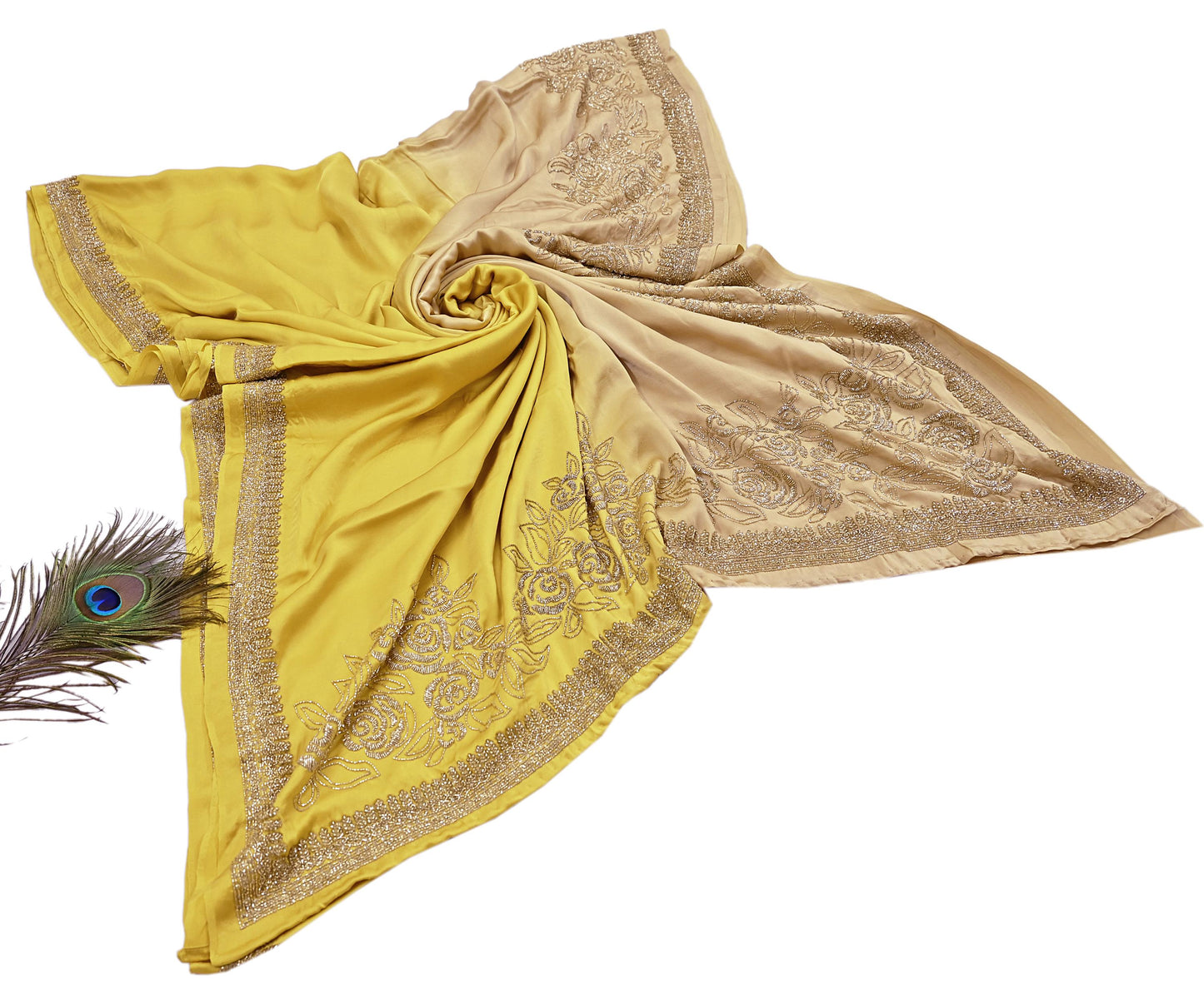 Rare Vintage Yellow & Beige Pure Satin Silk Saree Hand Embroidered Fabric 6 Yards Sari Bollywood Party Wear Ethnic Designer Saree