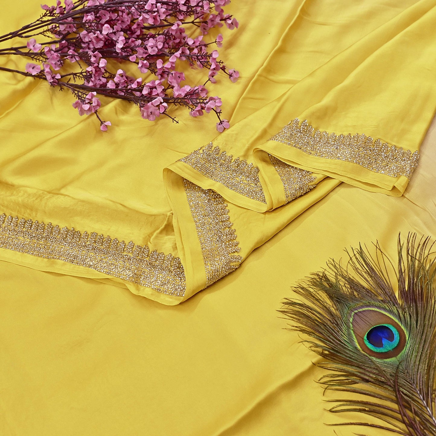 Rare Vintage Yellow & Beige Pure Satin Silk Saree Hand Embroidered Fabric 6 Yards Sari Bollywood Party Wear Ethnic Designer Saree