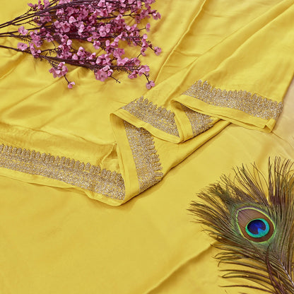 Rare Vintage Yellow & Beige Pure Satin Silk Saree Hand Embroidered Fabric 6 Yards Sari Bollywood Party Wear Ethnic Designer Saree