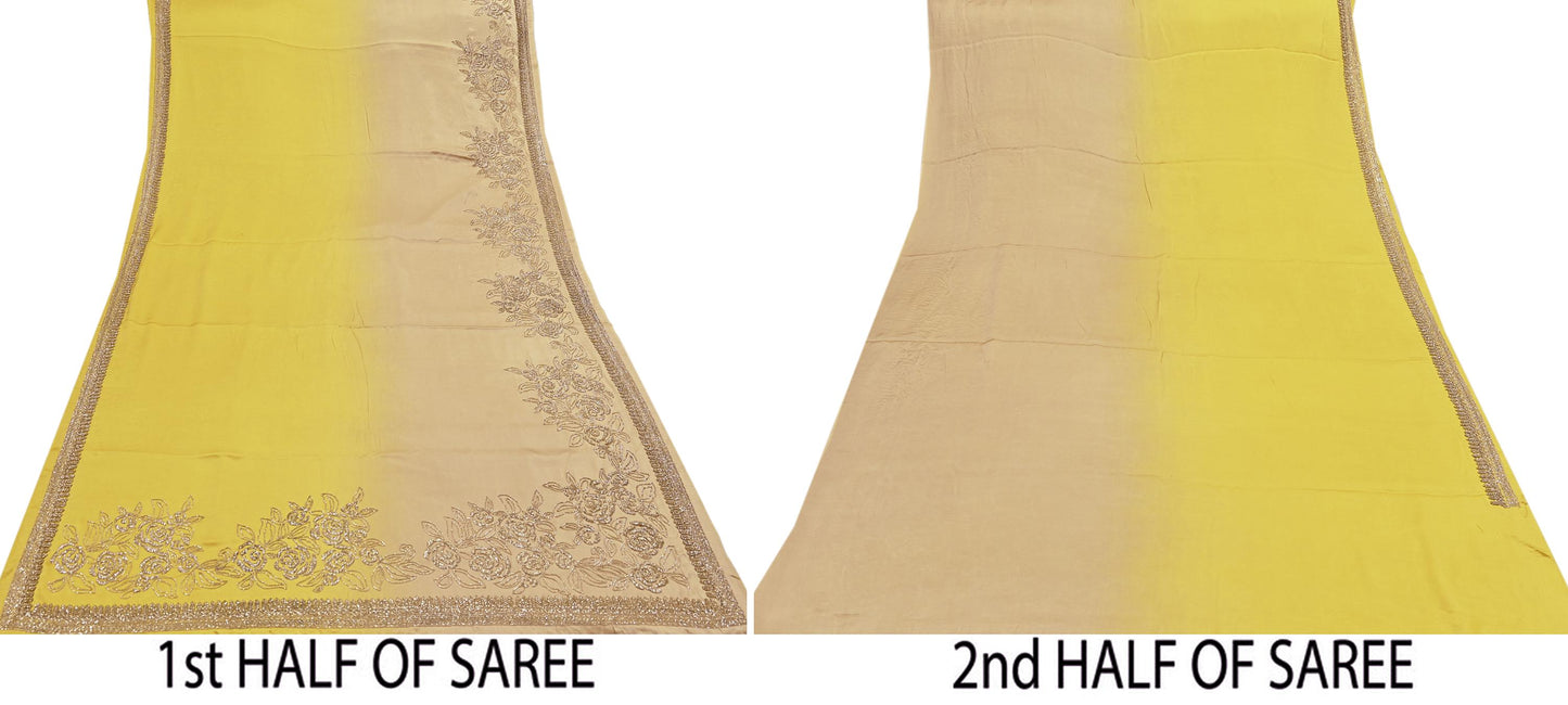 Rare Vintage Yellow & Beige Pure Satin Silk Saree Hand Embroidered Fabric 6 Yards Sari Bollywood Party Wear Ethnic Designer Saree