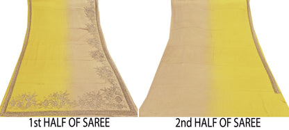 Rare Vintage Yellow & Beige Pure Satin Silk Saree Hand Embroidered Fabric 6 Yards Sari Bollywood Party Wear Ethnic Designer Saree