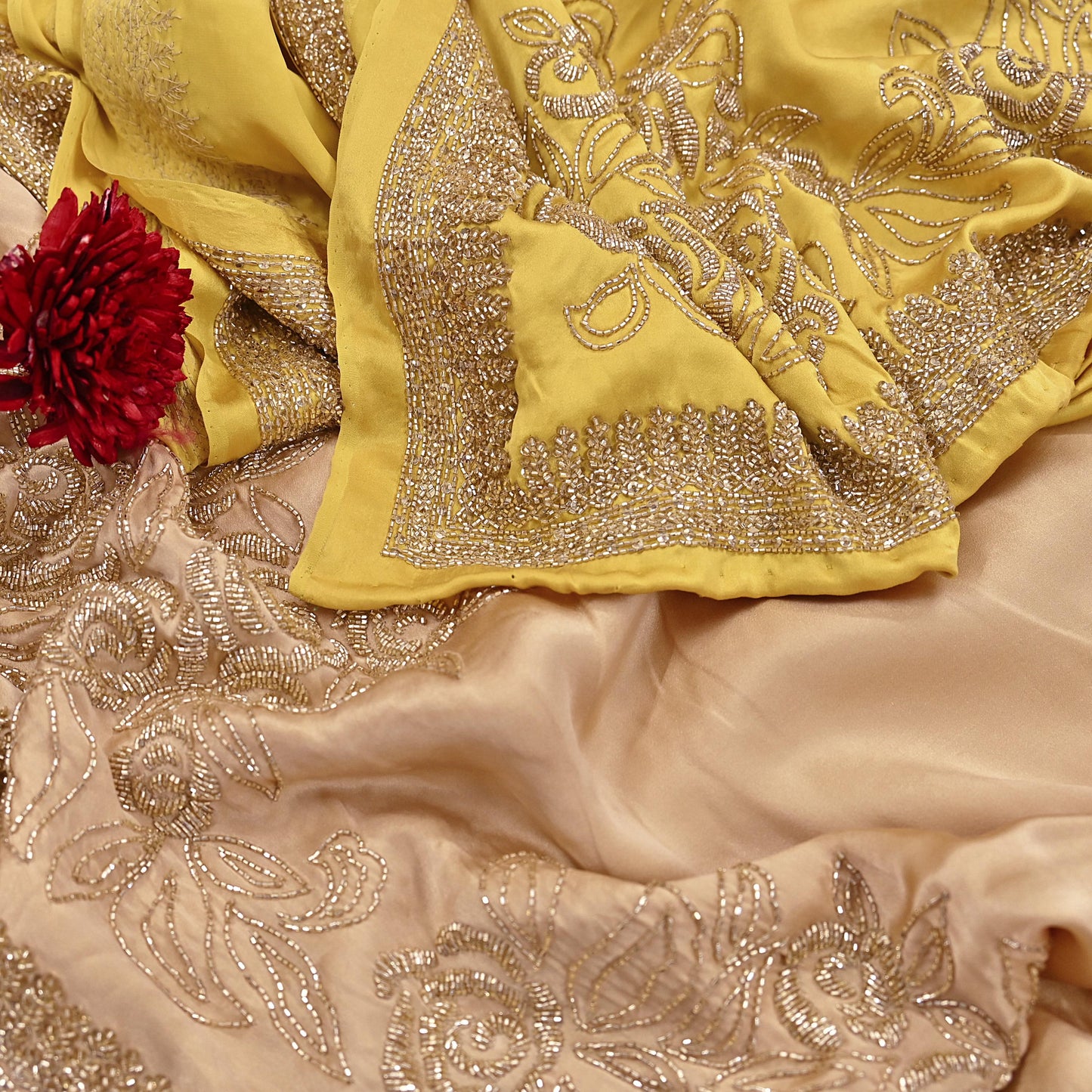 Rare Vintage Yellow & Beige Pure Satin Silk Saree Hand Embroidered Fabric 6 Yards Sari Bollywood Party Wear Ethnic Designer Saree