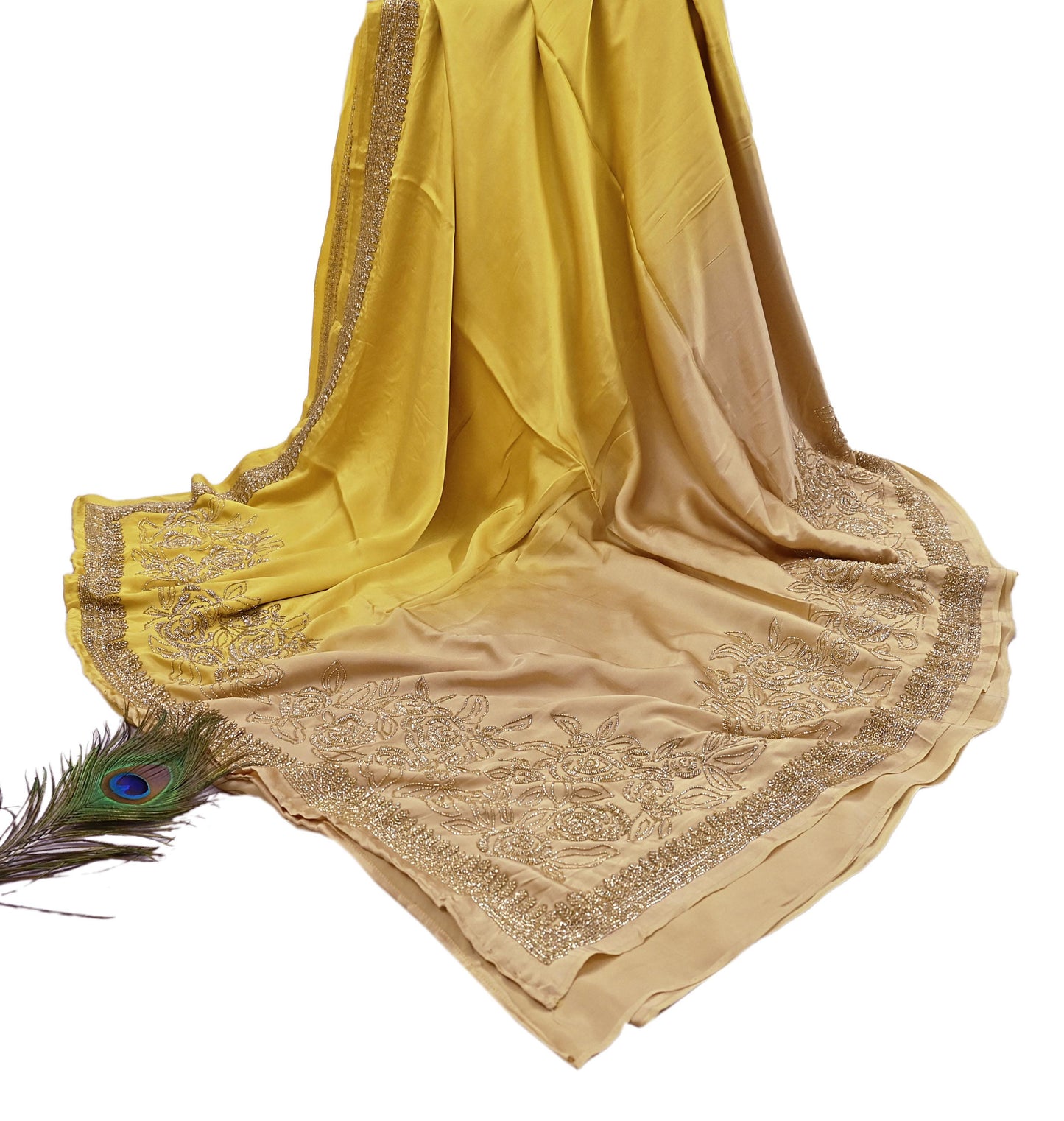 Rare Vintage Yellow & Beige Pure Satin Silk Saree Hand Embroidered Fabric 6 Yards Sari Bollywood Party Wear Ethnic Designer Saree