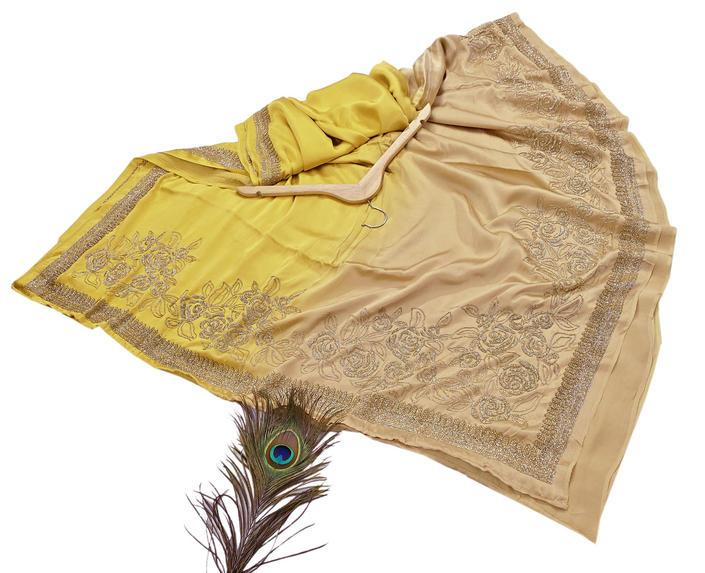 Rare Vintage Yellow & Beige Pure Satin Silk Saree Hand Embroidered Fabric 6 Yards Sari Bollywood Party Wear Ethnic Designer Saree
