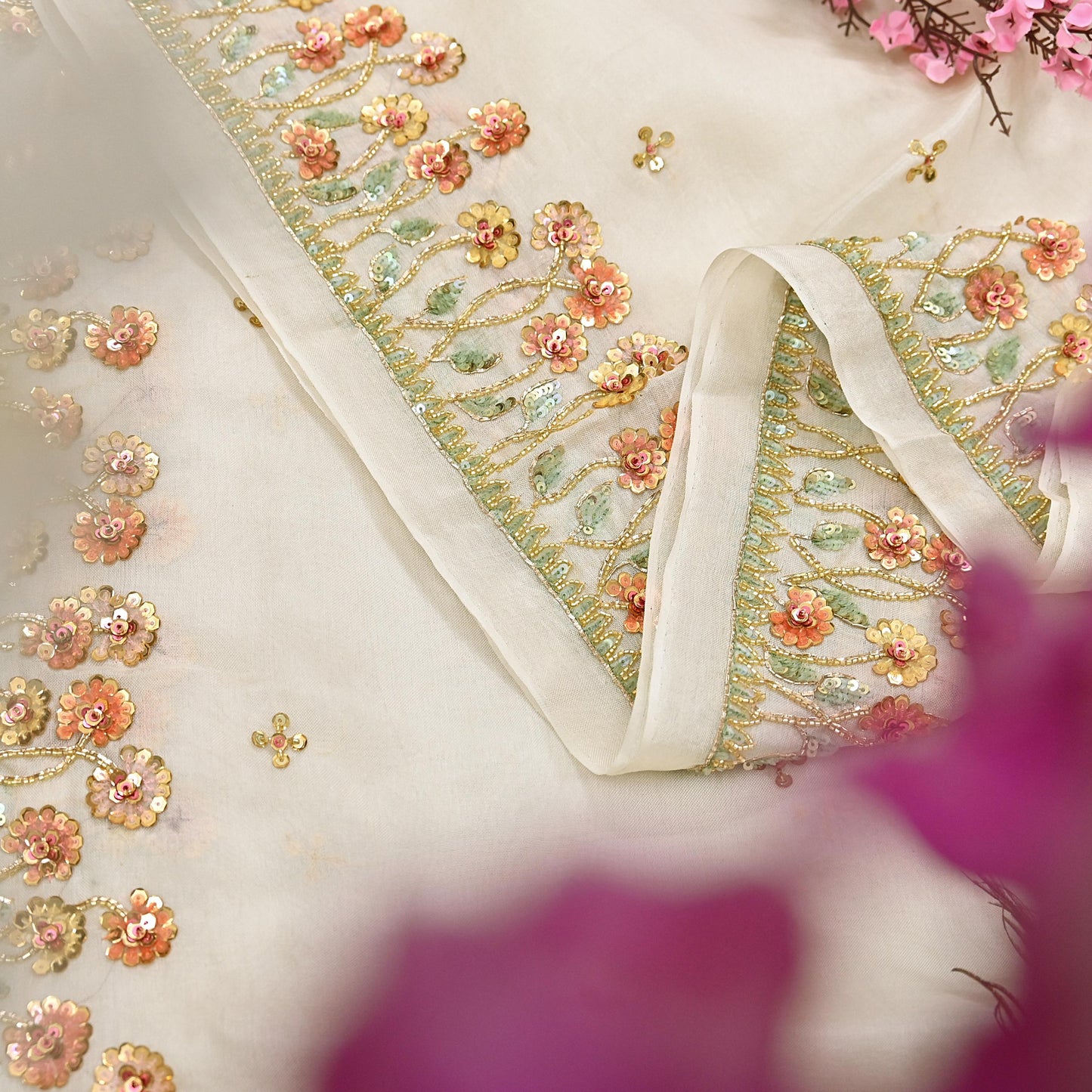 Rare Vintage Ivory Pure Organza Silk Saree Zardozi Hand Embroidered Designer Abu Jani Sari 5.5 Yard Bollywood Party Wear