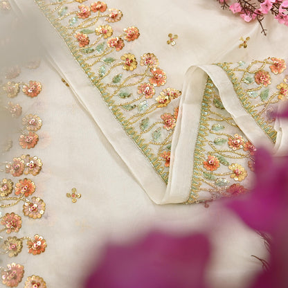 Rare Vintage Ivory Pure Organza Silk Saree Zardozi Hand Embroidered Designer Abu Jani Sari 5.5 Yard Bollywood Party Wear