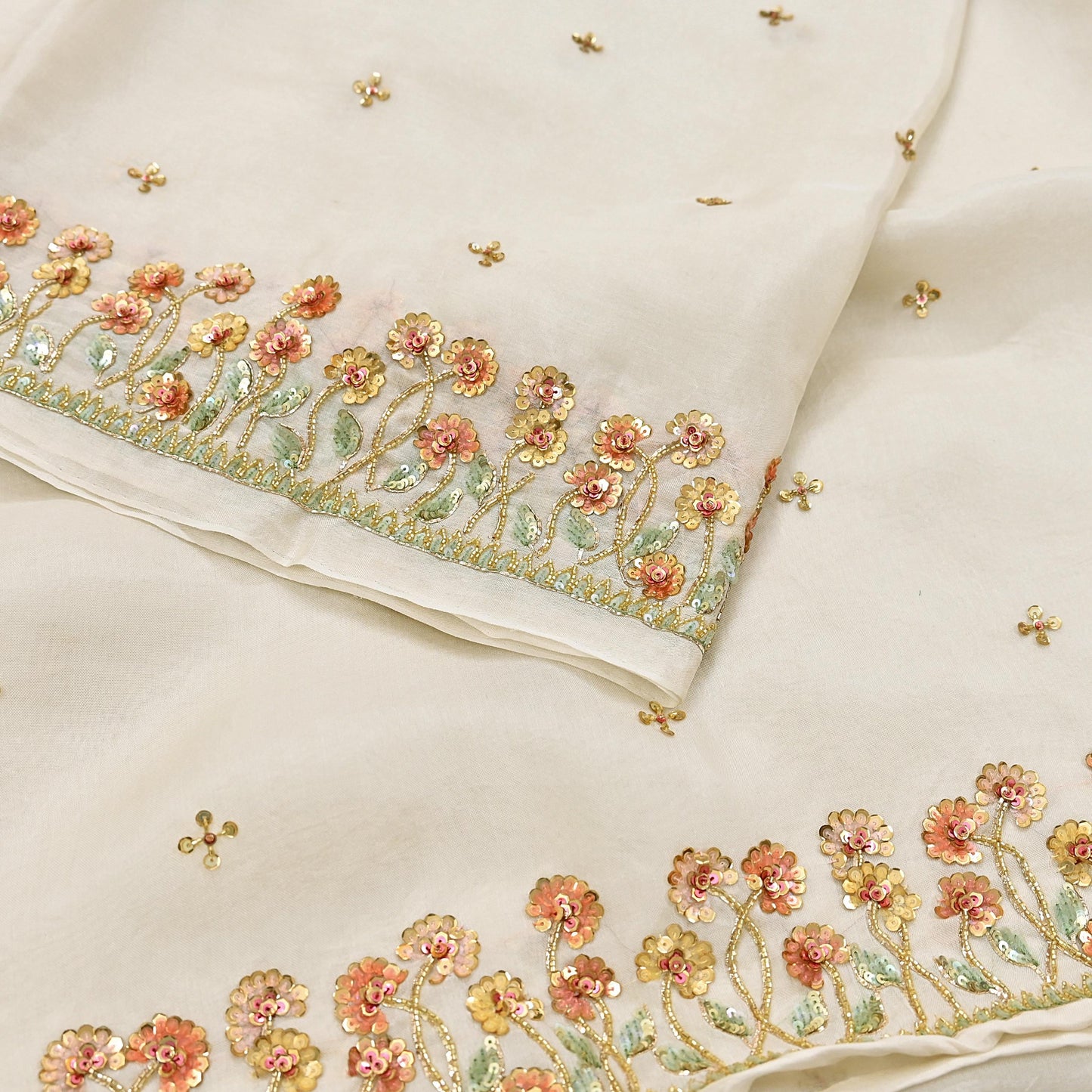Rare Vintage Ivory Pure Organza Silk Saree Zardozi Hand Embroidered Designer Abu Jani Sari 5.5 Yard Bollywood Party Wear