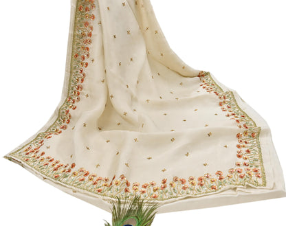 Rare Vintage Ivory Pure Organza Silk Saree Zardozi Hand Embroidered Designer Abu Jani Sari 5.5 Yard Bollywood Party Wear