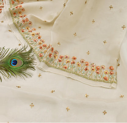 Rare Vintage Ivory Pure Organza Silk Saree Zardozi Hand Embroidered Designer Abu Jani Sari 5.5 Yard Bollywood Party Wear