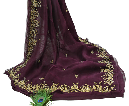 Rare Vintage Purple Pure Organza Silk Saree Zardozi Hand Embroidered Designer Sari 5.5 Yard Bollywood Party Wear