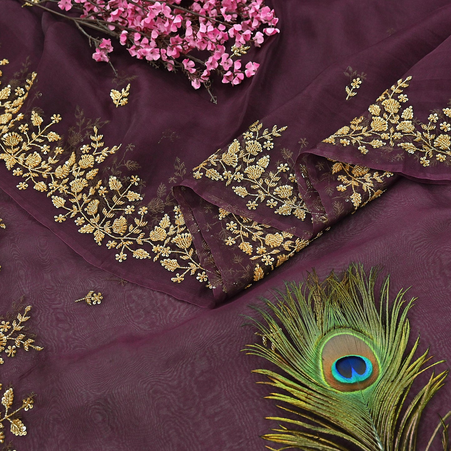 Rare Vintage Purple Pure Organza Silk Saree Zardozi Hand Embroidered Designer Sari 5.5 Yard Bollywood Party Wear