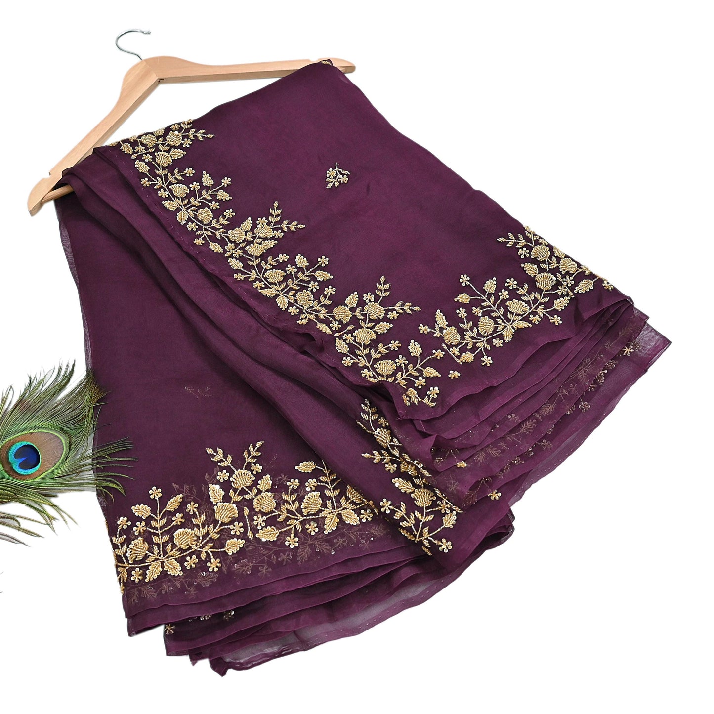 Rare Vintage Purple Pure Organza Silk Saree Zardozi Hand Embroidered Designer Sari 5.5 Yard Bollywood Party Wear
