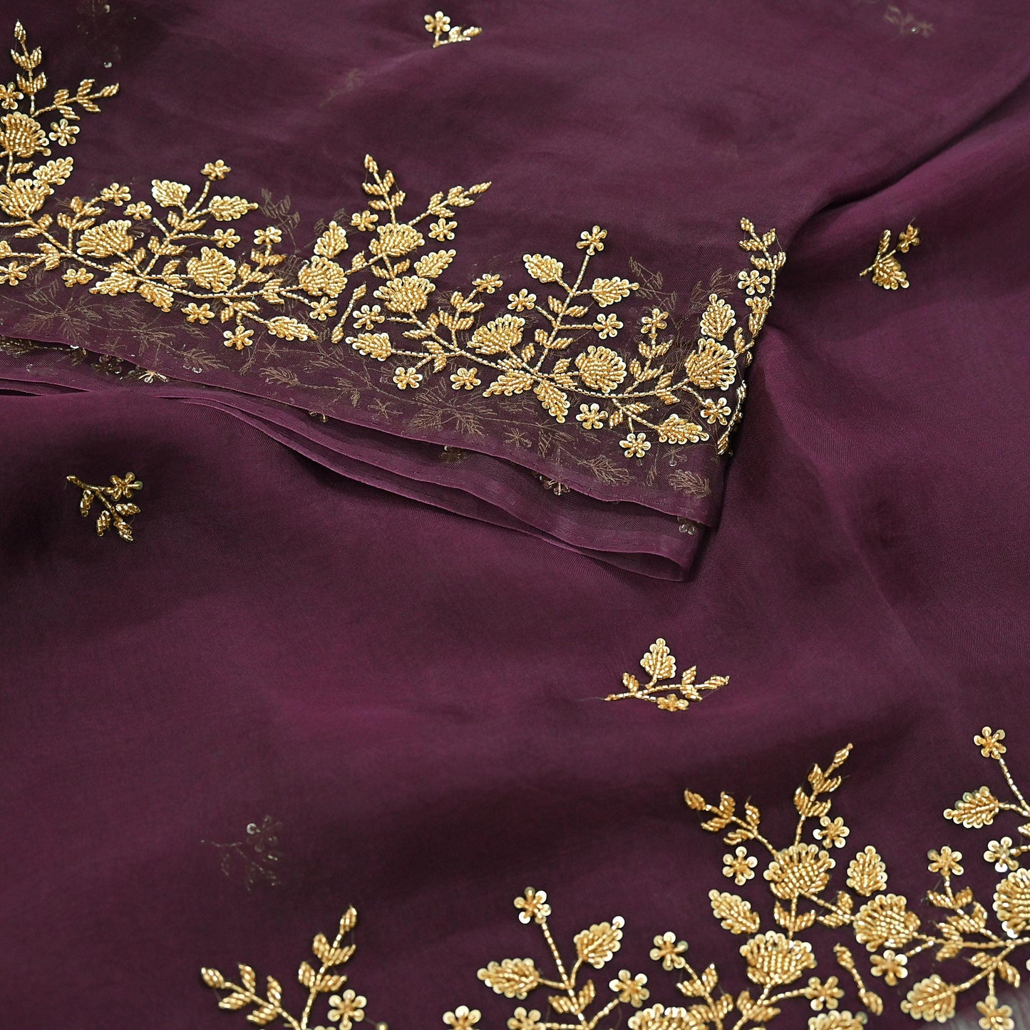 Rare Vintage Purple Pure Organza Silk Saree Zardozi Hand Embroidered Designer Sari 5.5 Yard Bollywood Party Wear