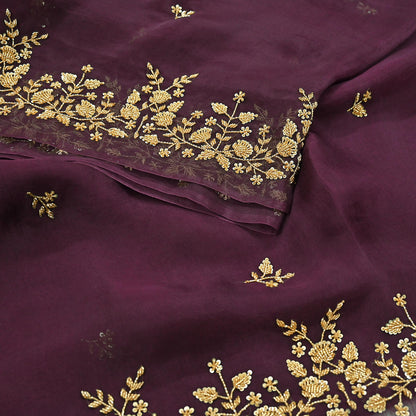 Rare Vintage Purple Pure Organza Silk Saree Zardozi Hand Embroidered Designer Sari 5.5 Yard Bollywood Party Wear
