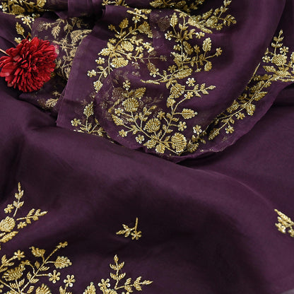 Rare Vintage Purple Pure Organza Silk Saree Zardozi Hand Embroidered Designer Sari 5.5 Yard Bollywood Party Wear