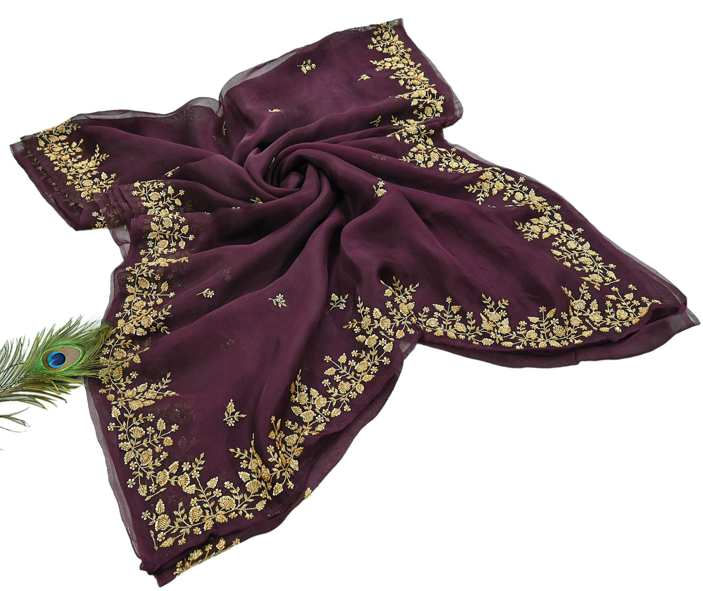 Rare Vintage Purple Pure Organza Silk Saree Zardozi Hand Embroidered Designer Sari 5.5 Yard Bollywood Party Wear