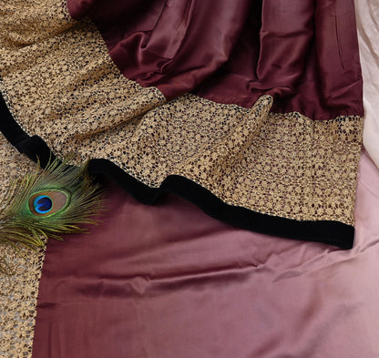 Rare Vintage Brown & Peach Pure Satin Silk Saree Hand Embroidered Fabric 5.5 Yards Sari Bollywood Party Wear Ethnic Designer Saree